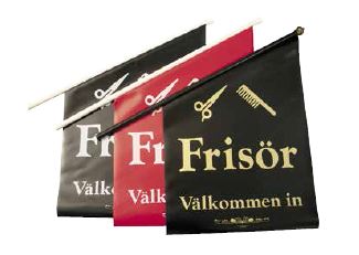 Frisör Flagga Röd Med Vit Text
